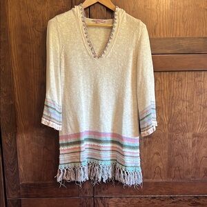Calypso St. Barth Cream Knit Tunic Hoodie with Multicolor Stripes and Fringe